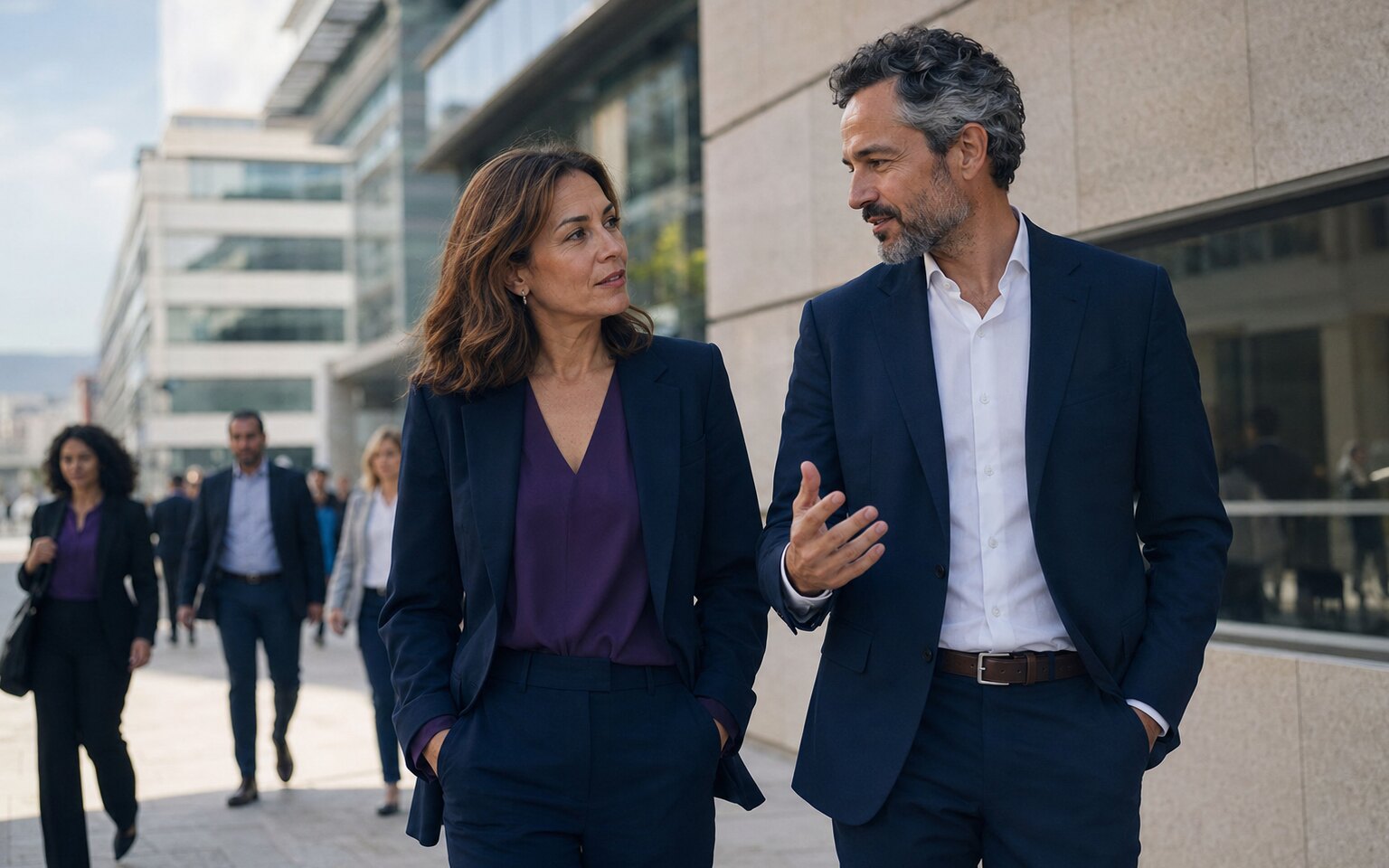 Dois profissionais em conversa num contexto empresarial